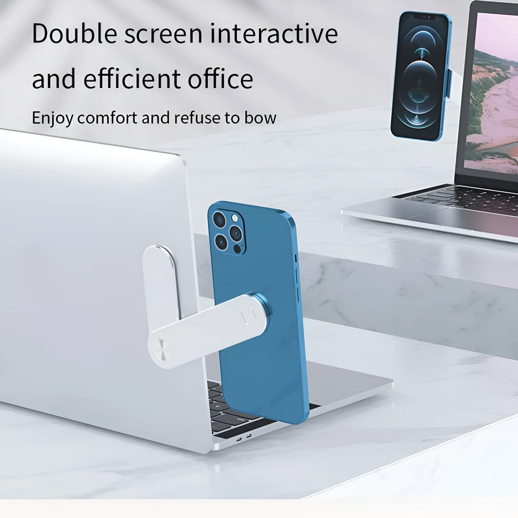 Black aluminium laptop phone holder with magnetic mount attached to a monitor showing a smartphone in place