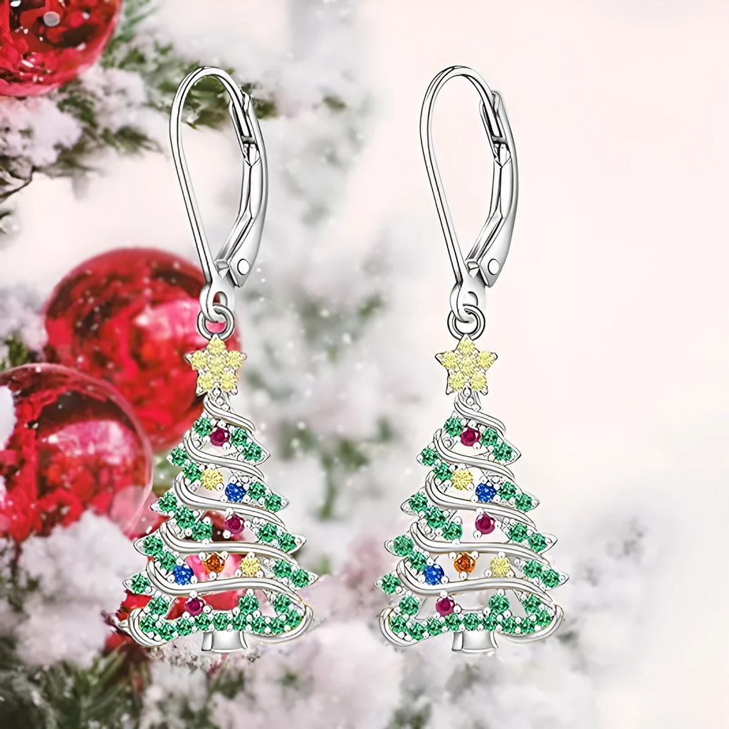White gold colour Christmas tree earrings with star-shaped copper pendant design