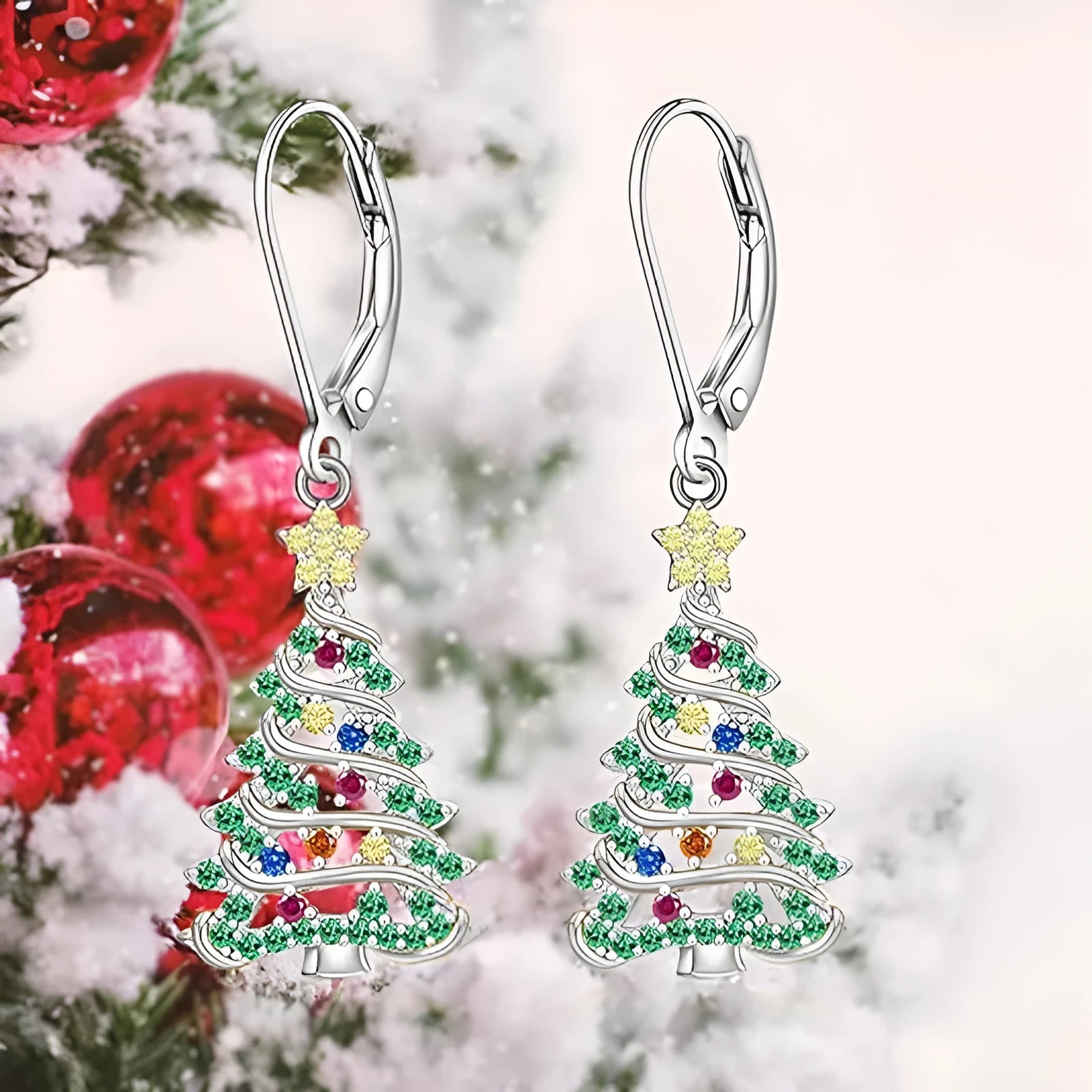 White gold colour Christmas tree earrings with star-shaped copper pendant design