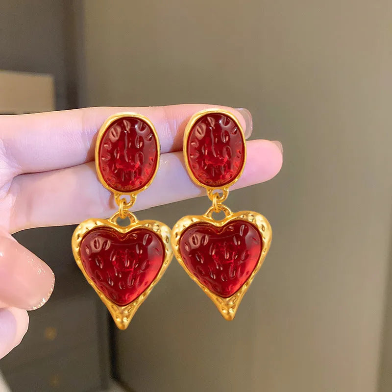 Pleated oval love heart stud earrings in purple, red, green, and yellow and white alloy colours