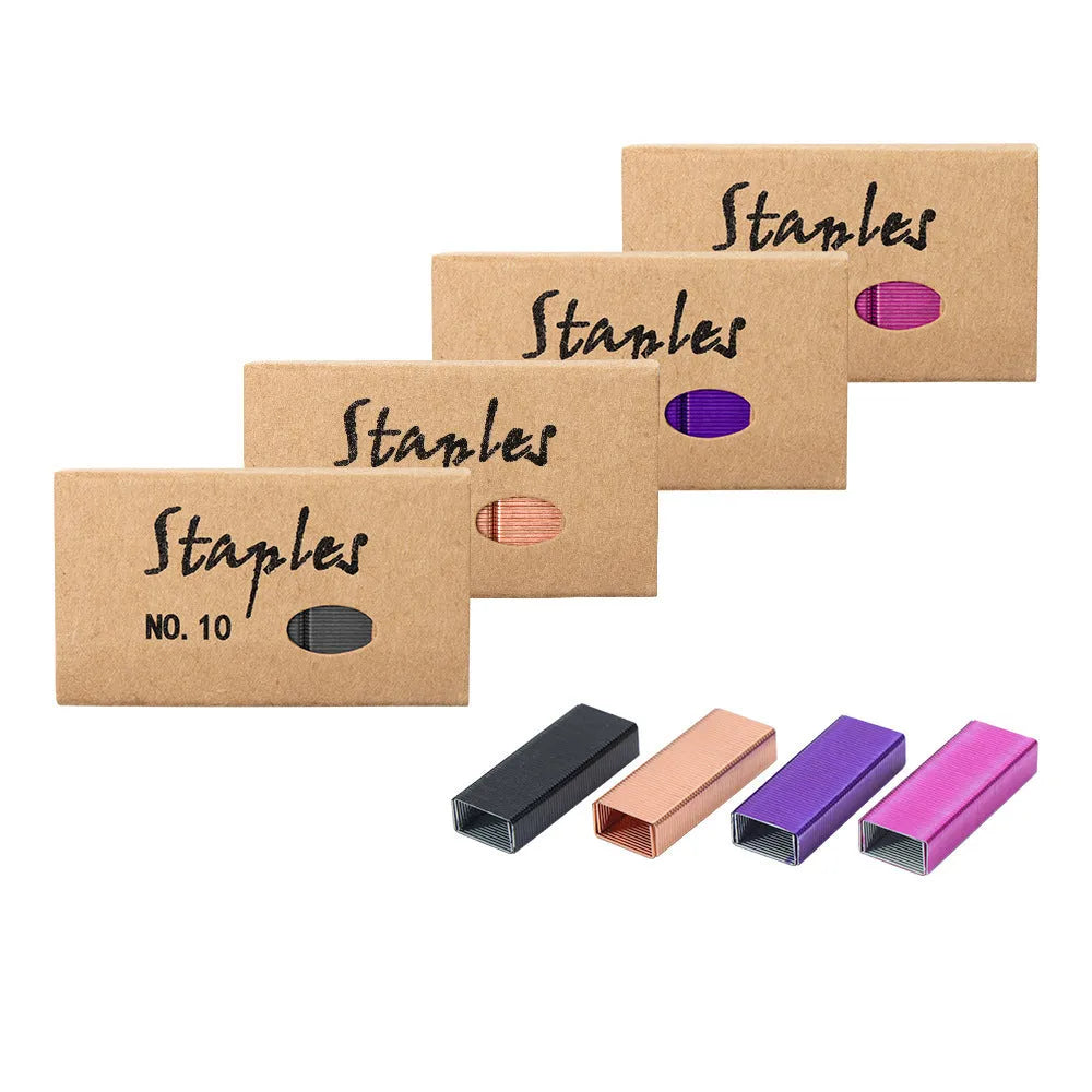 A box of 1000 metal office staples in rose gold, black, purple, and rose red colour options.
