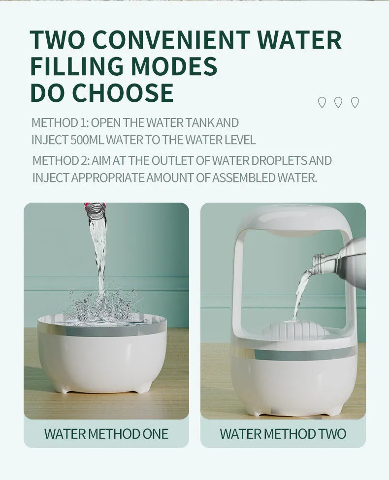 White anti-gravity humidifier with floating water droplet on a desk next to a USB cable