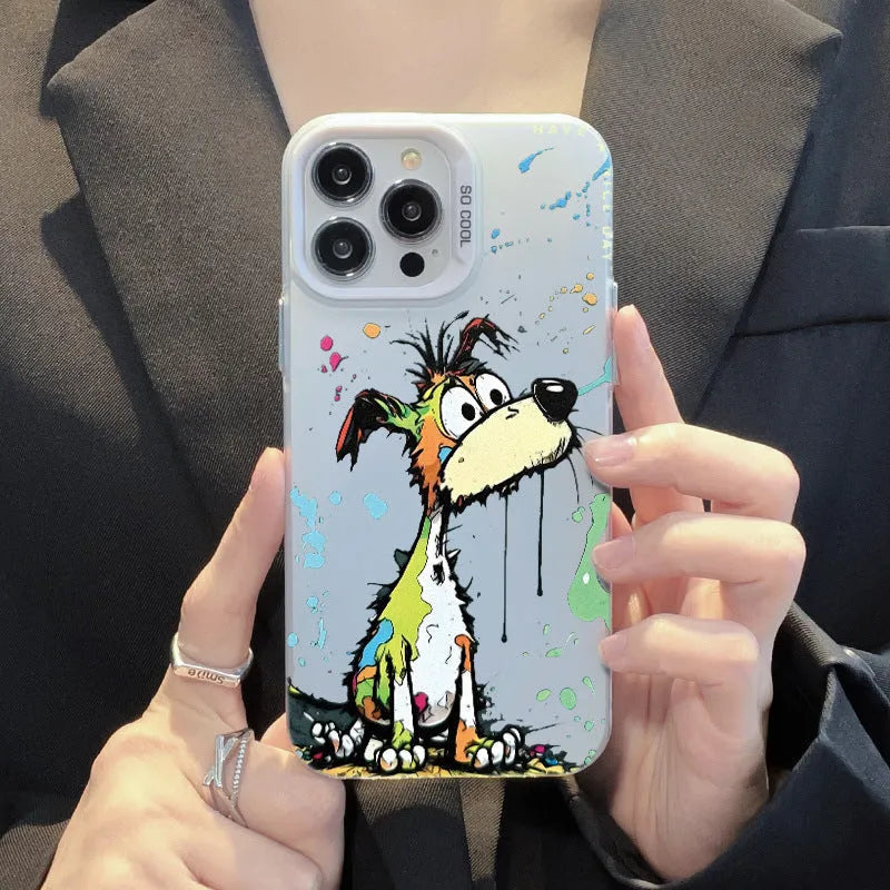 Acrylic cartoon dog pattern silver phone case with soft edge hard back for iPhone models