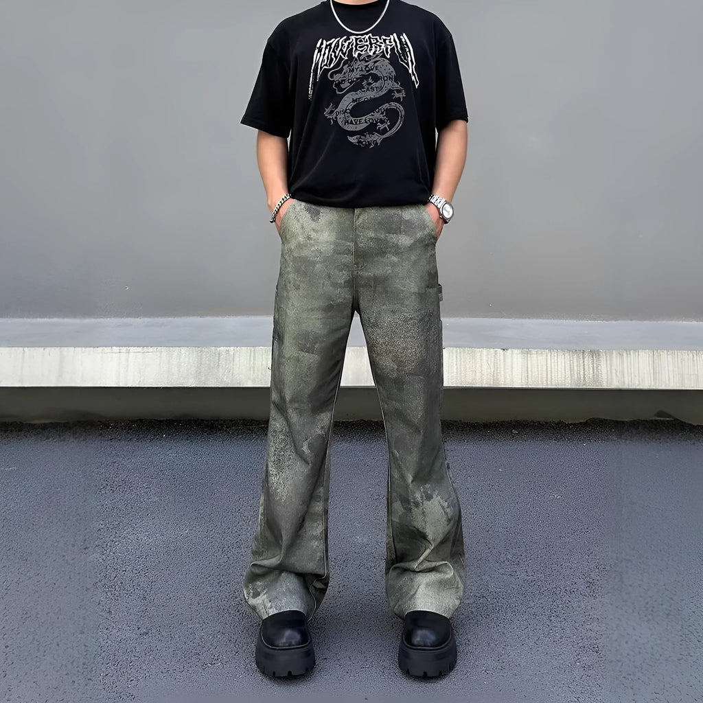 Men's straight leg jeans in a retro digital camouflage pattern on blue denim