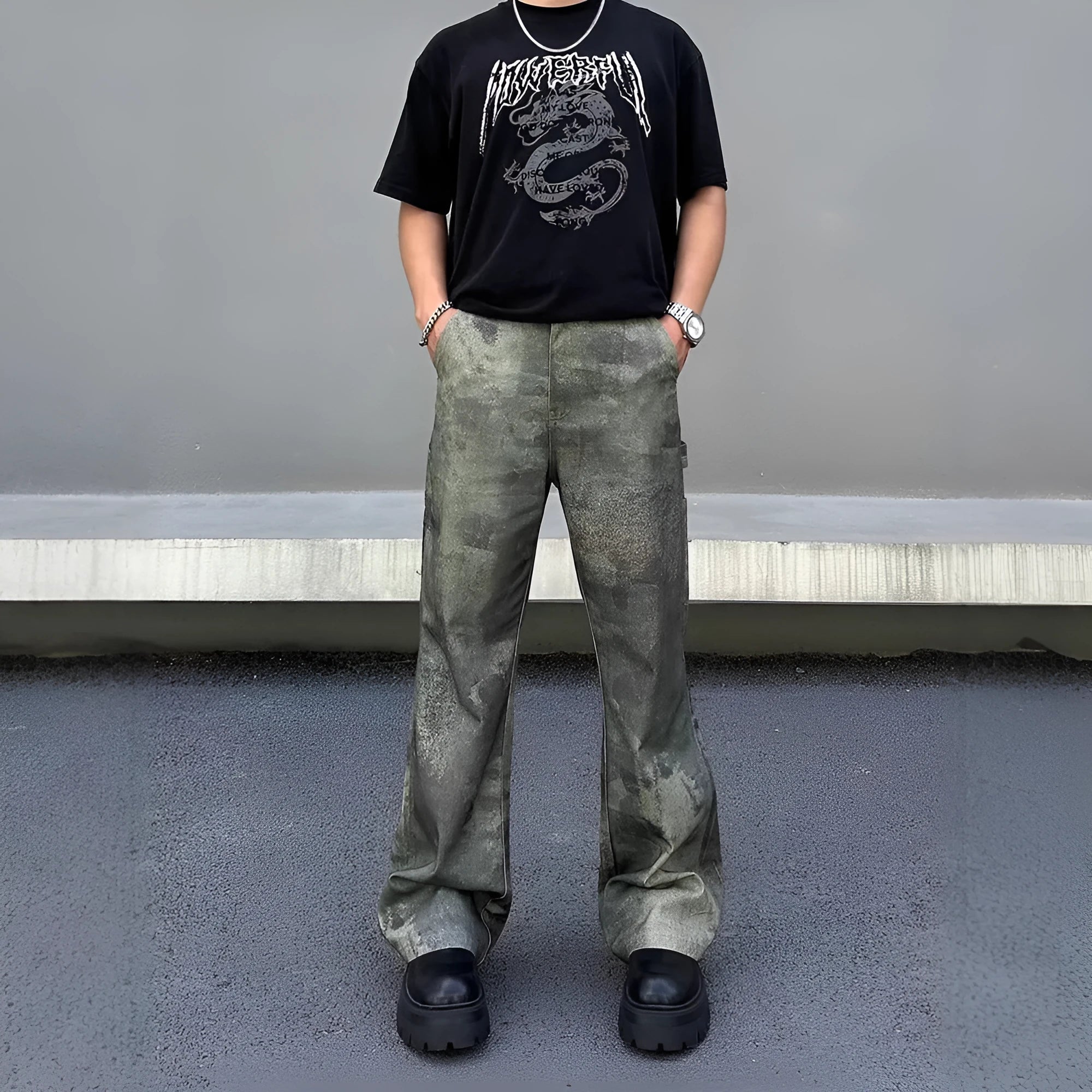 Men's straight leg jeans in a retro digital camouflage pattern on blue denim