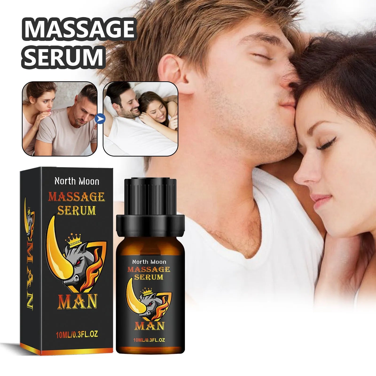 10ml glass bottle of men's massage essential oil with dropper, labelled with ingredients.