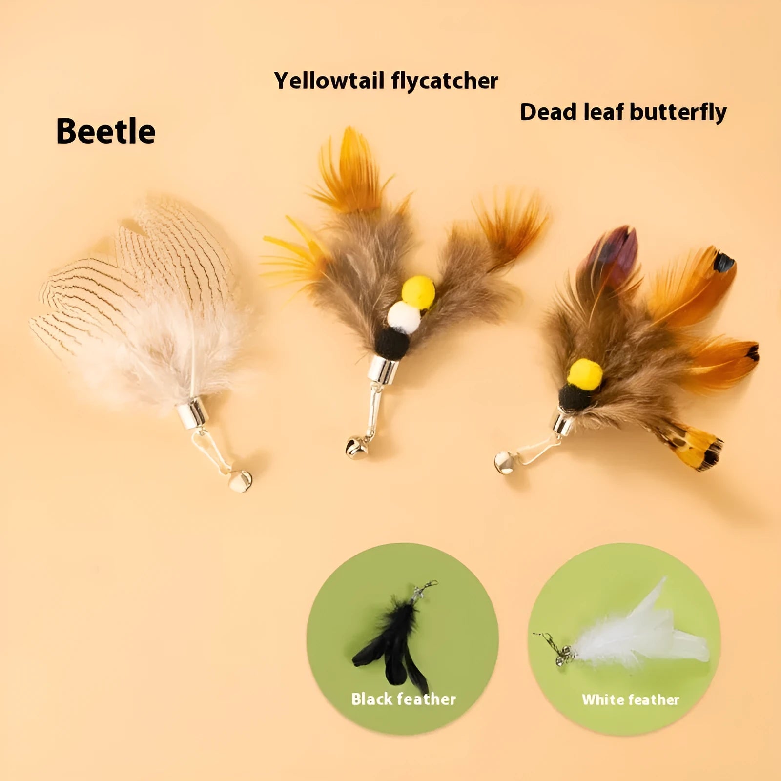 Three steel wire cat toy replacement heads with small flying insect designs for fishing rod toys