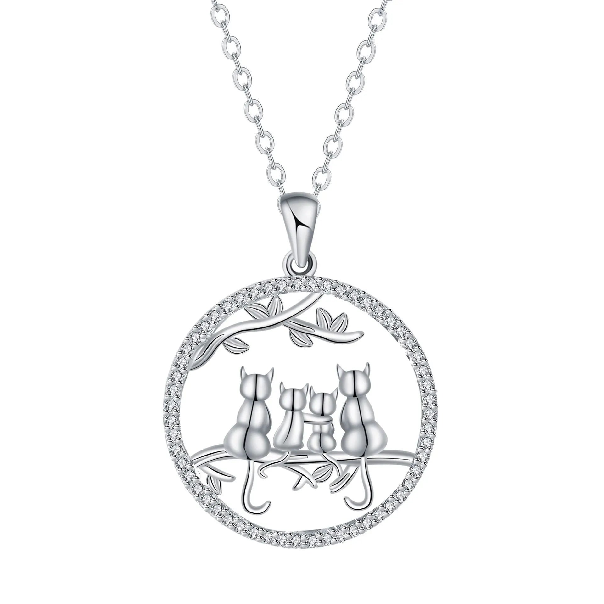 Original design copper necklace with four kitten pendants on a cross chain for women.
