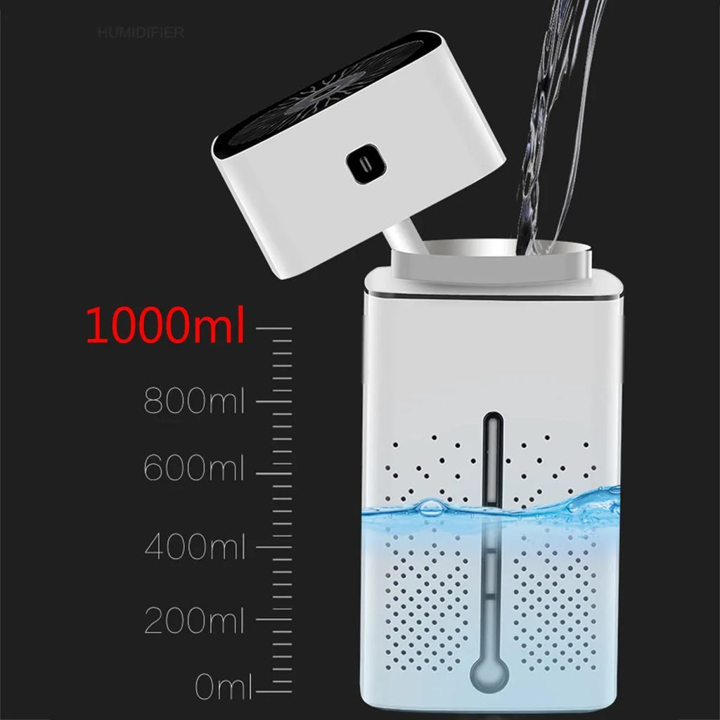 Black and white USB desktop humidifier measuring 103x103x218mm with 1000ml capacity