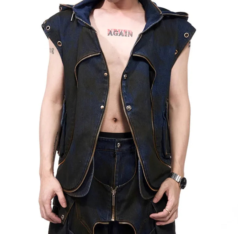 Blue hooded denim style vest coat with matching trousers in Korean fashion set