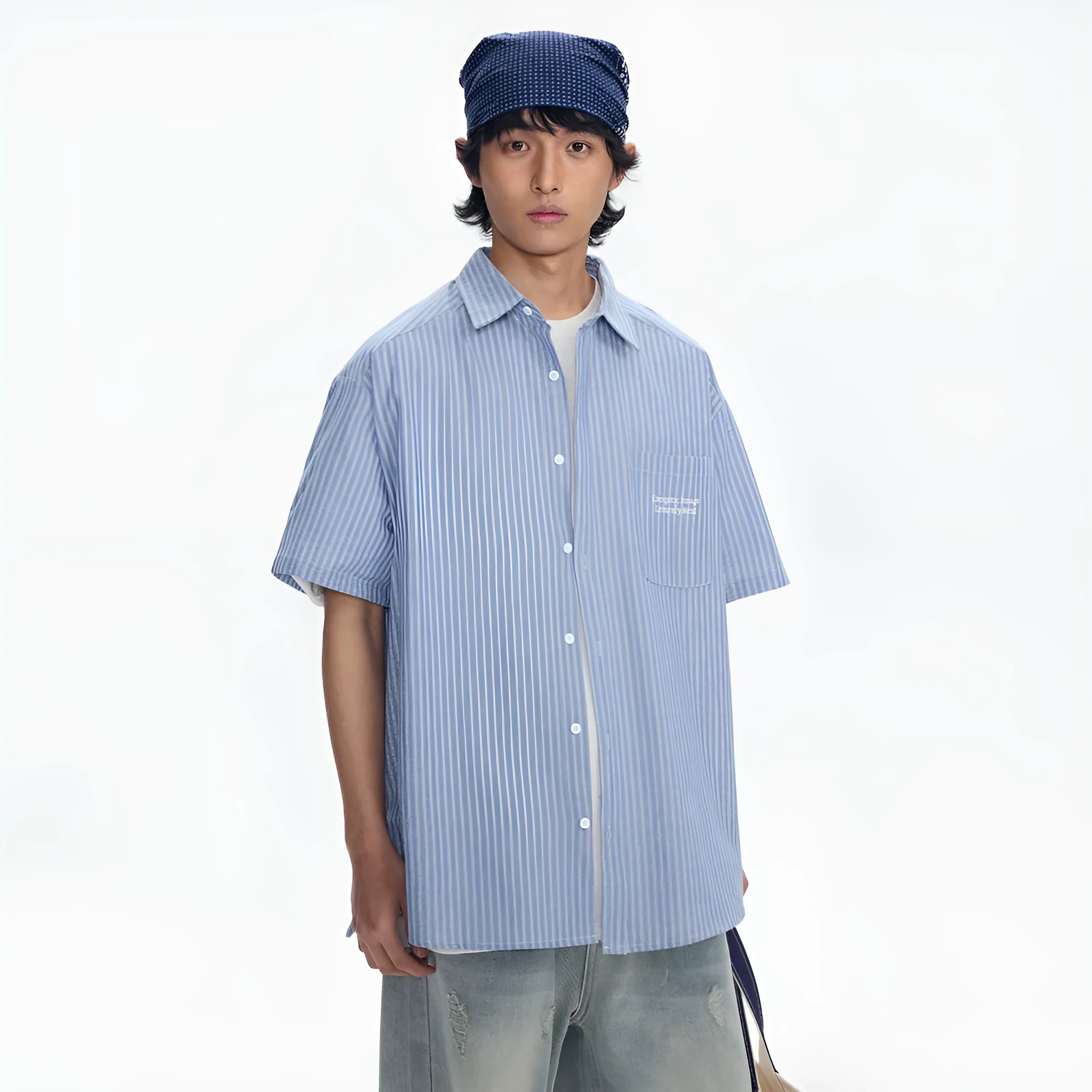 Blue striped loose fit overalls shirt with short sleeves on hanger