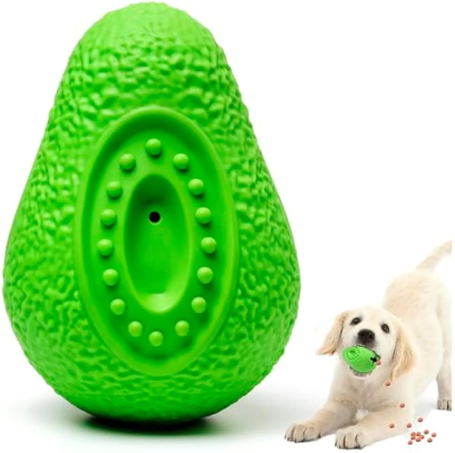 Green avocado-shaped heavy duty natural rubber dog chew toy for aggressive chewers.