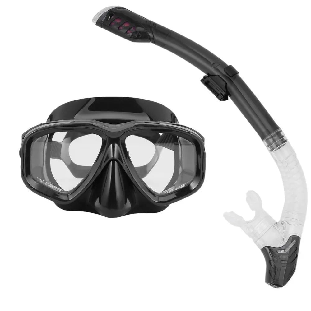 Black diving mask with PC frame, transparent glass lens, and a blue silicone strap and cigarette holder.