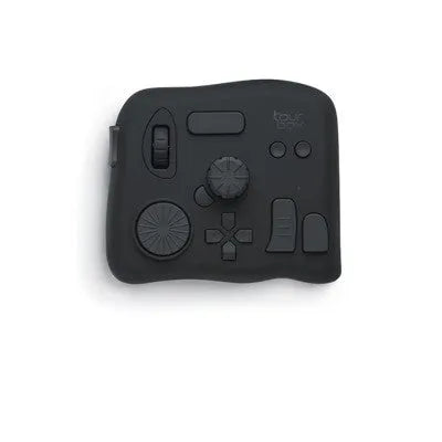 TourBox NEO custom auxiliary keyboard for video editing, showing black finish and compact tablet design.