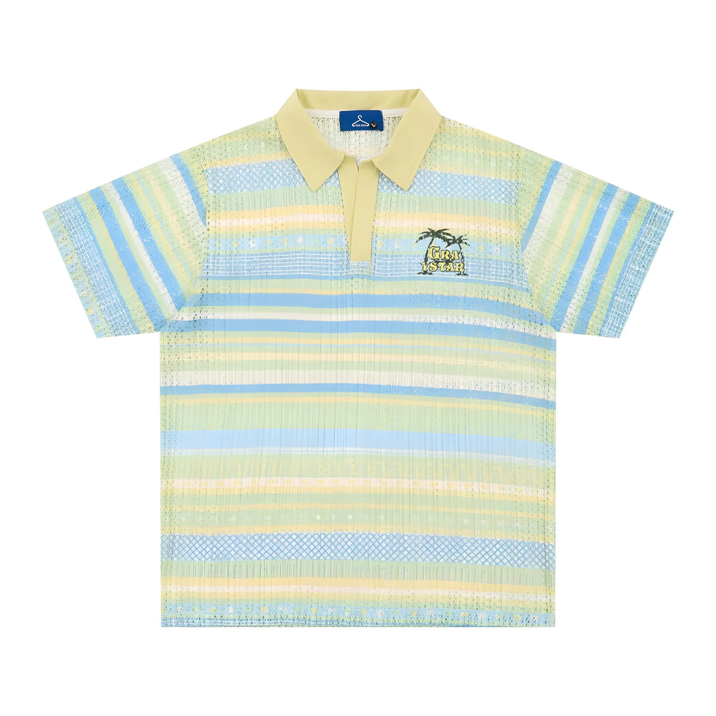 Men's blue and yellow printed casual short sleeve shirt with loose fit