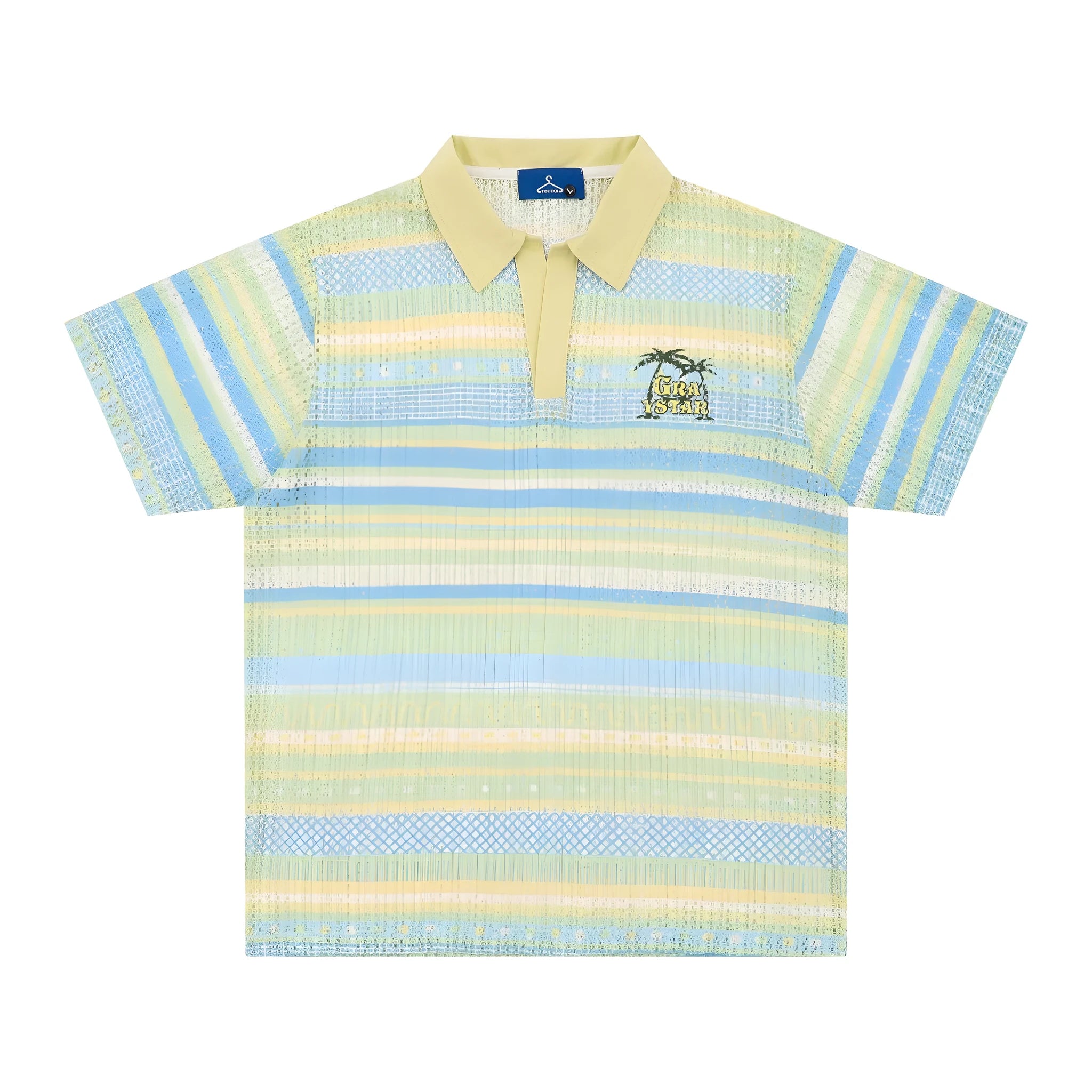 Men's blue and yellow printed casual short sleeve shirt with loose fit