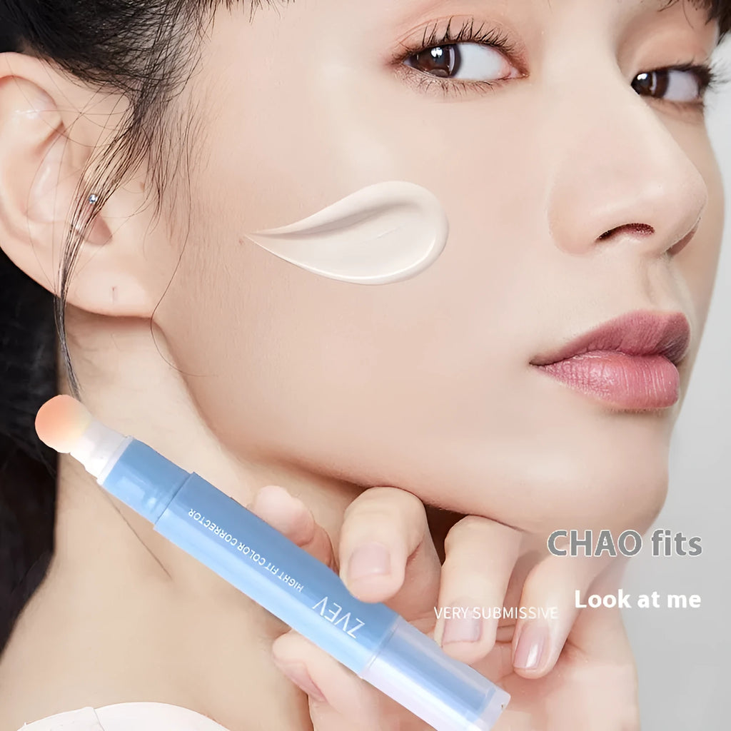 Concealer pen with sponge brush head applicator shown in brightening, pink, and natural flesh colour shades.