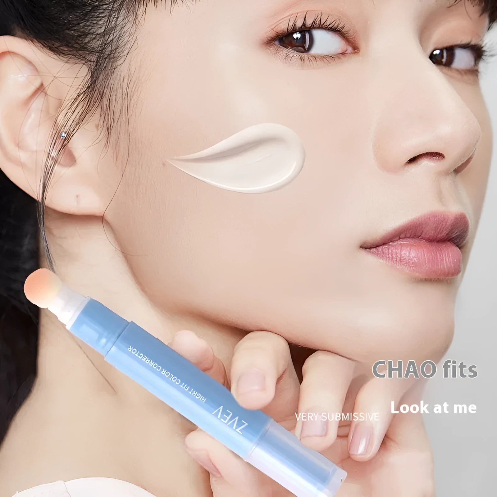 Concealer pen with sponge brush head applicator shown in brightening, pink, and natural flesh colour shades.
