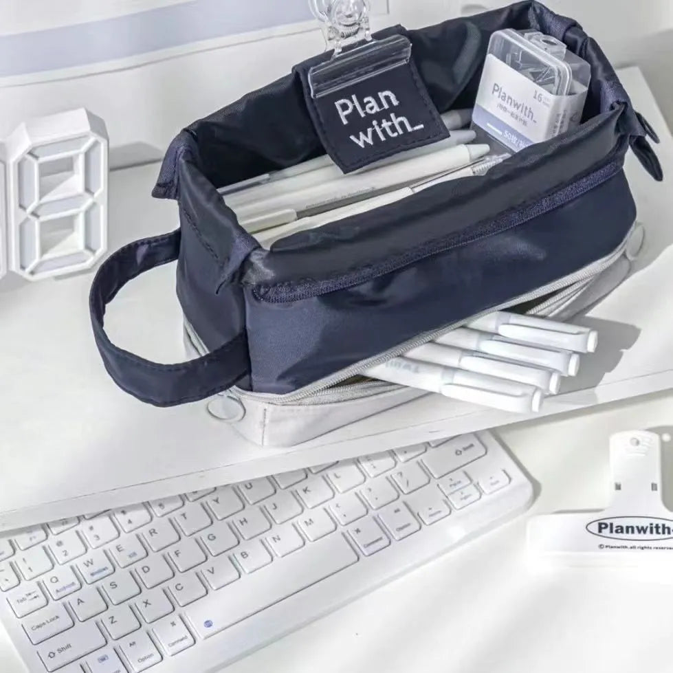 Double-layer foldable pencil case in polyester with beige, blue, and navy blue colour options
