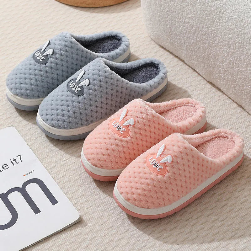 Women's rabbit plaid pattern artificial fur house slippers with rubber sole