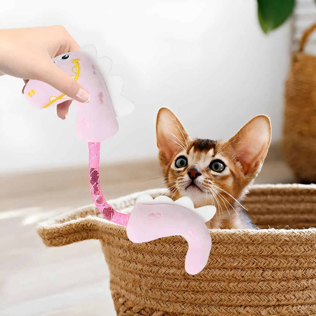 Set of four cat toys including rope, spring, kicker and plush mouse toys in pink, purple or yellow colours