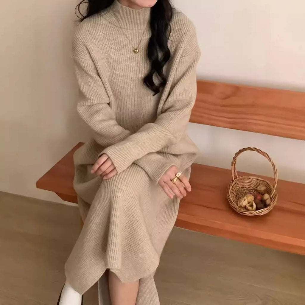 Half turtleneck acrylic knitted dress in knee length with high waist design