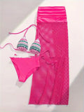 Women's three-piece bikini set with long fishnet skirt in gradient pattern colours