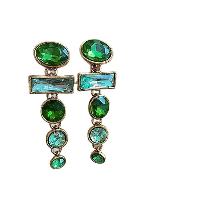 Green gradient geometric alloy earrings with tassel design and inlaid zircon detailing
