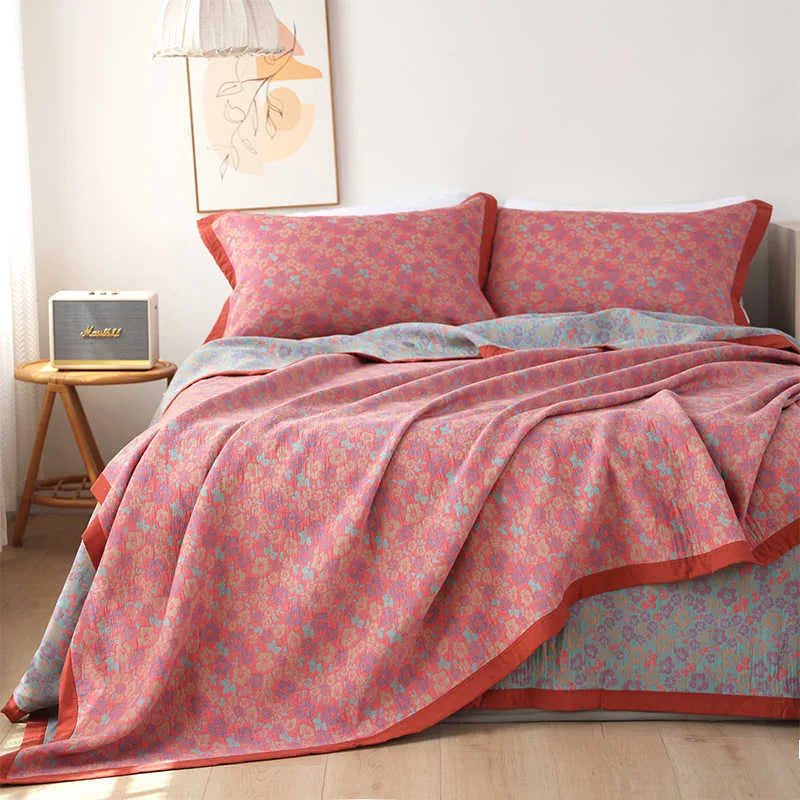 Cotton gauze blanket and pillowcase set with flower pattern in three colour options