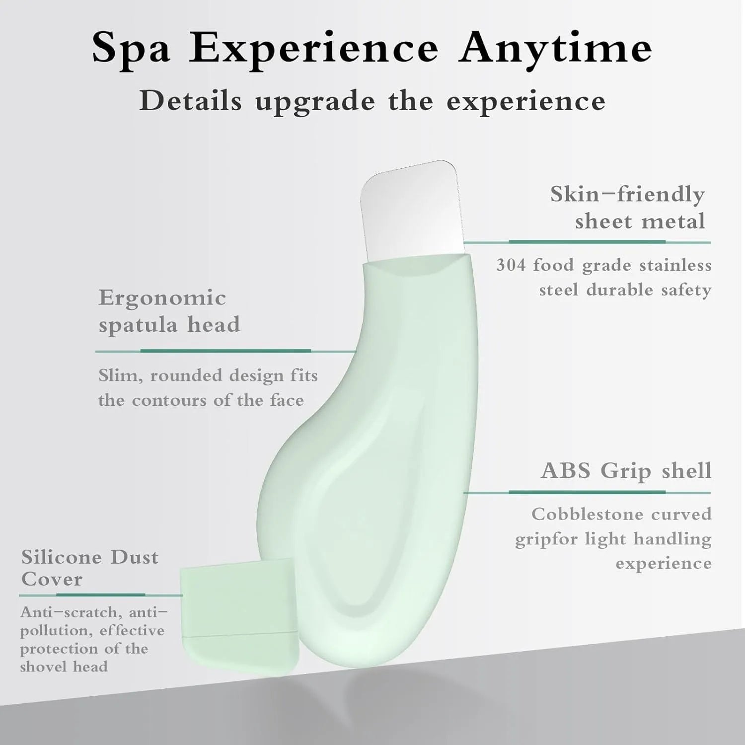 Green stainless steel facial blackhead scraper tool with a silicone non-slip handle.