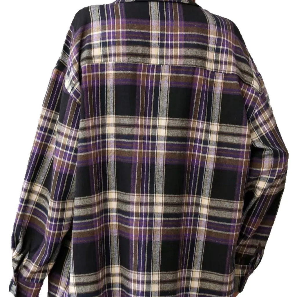A loose-fit women's plaid shirt in cotton, shown in black, green, and purple colour options with long sleeves.