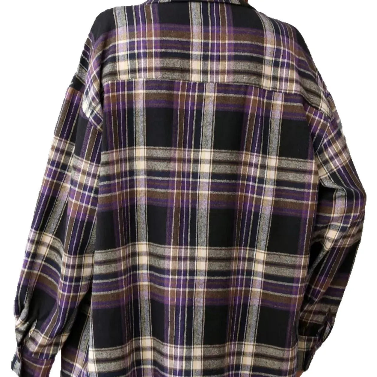 A loose-fit women's plaid shirt in cotton, shown in black, green, and purple colour options with long sleeves.