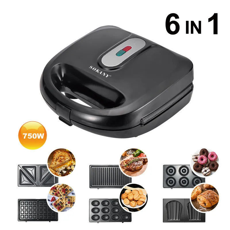 Black double-sided electric sandwich pan with brushed stainless steel lid and non-stick coating.