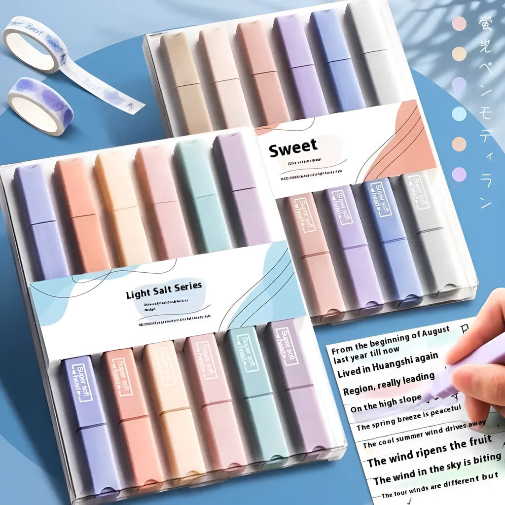 Set of double-ended fluorescent marker pens showing two coloured tips, in mixed and themed pack options.