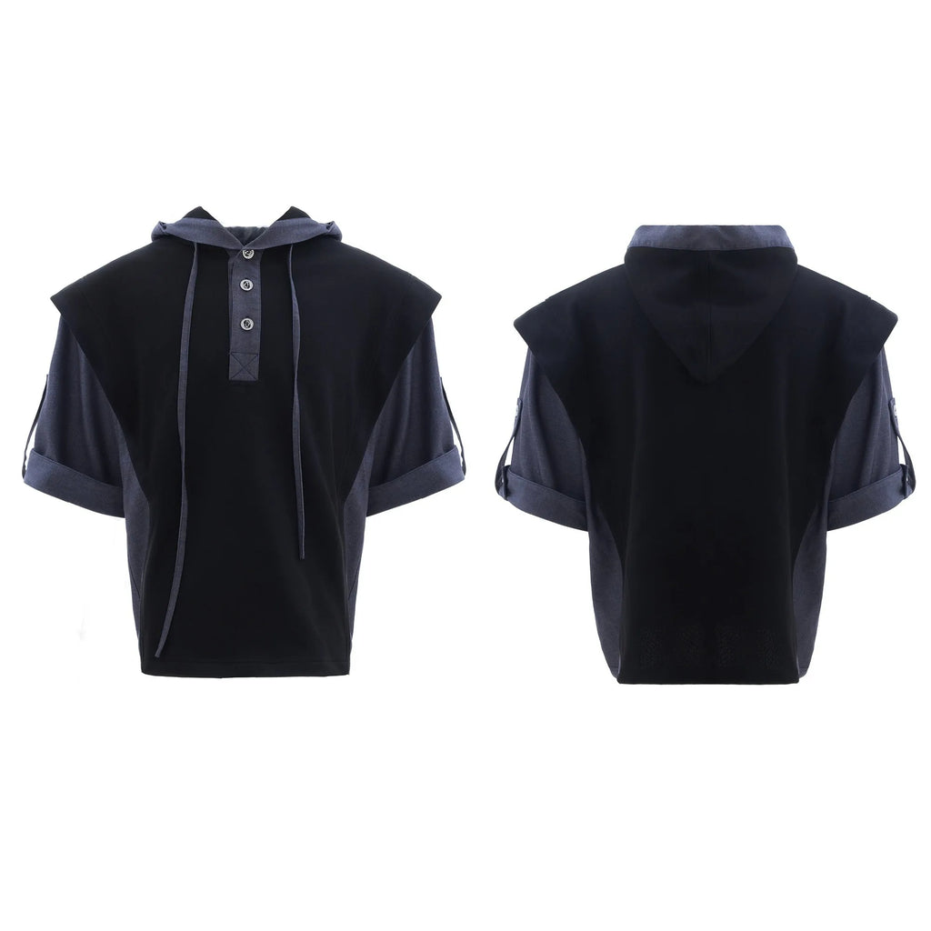 Men's hooded short sleeve sports suit with matching trousers in black or grey polyester fabric