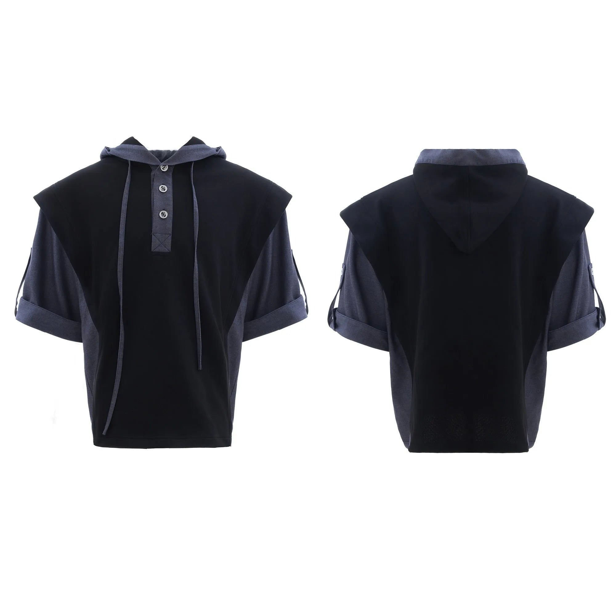 Men's hooded short sleeve sports suit with matching trousers in black or grey polyester fabric