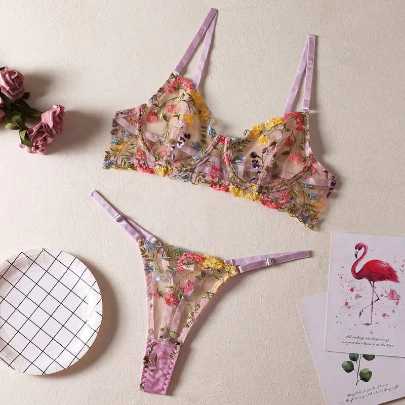 Floral pattern polyester mesh bra with steel ring T-back and matching brief in skin colour.