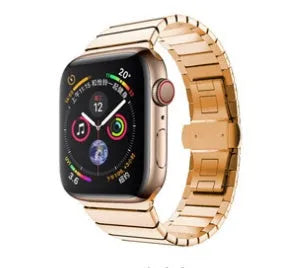 Apple Watch metal replacement strap with butterfly buckle in silver, black, blue, gold, and rose gold colours