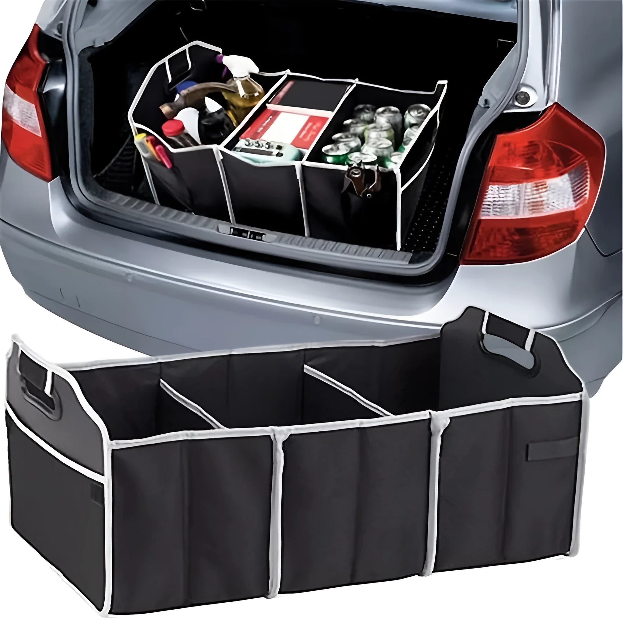 Black car multi-pocket trunk organiser with foldable lid and tie-down straps on car boot floor