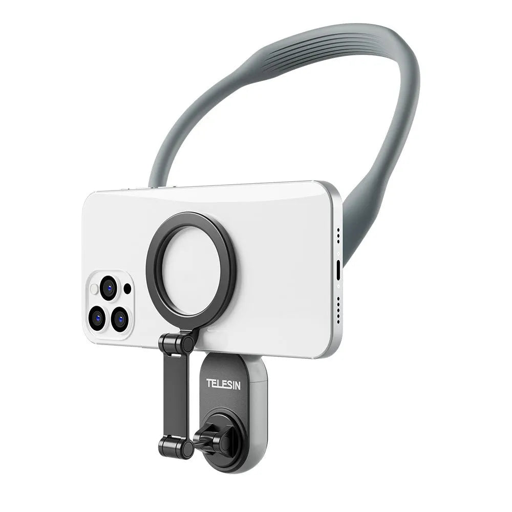Silicone phone magnetic neck mount with 16 neodymium magnets in gray and sapphire blue, showing magnetic pad and anti-drop rope