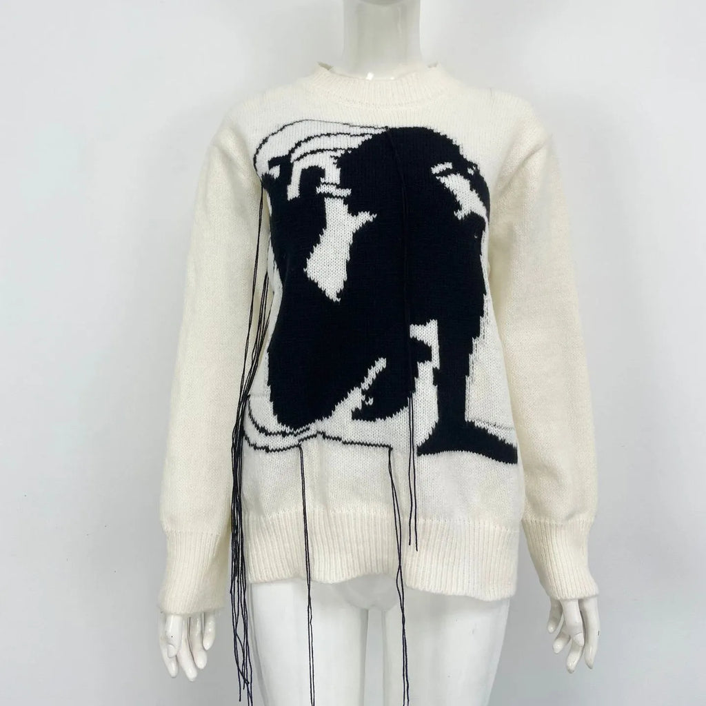 Women's grey alpaca wool sweater with abstract pattern and tassel design, loose fit street fashion style
