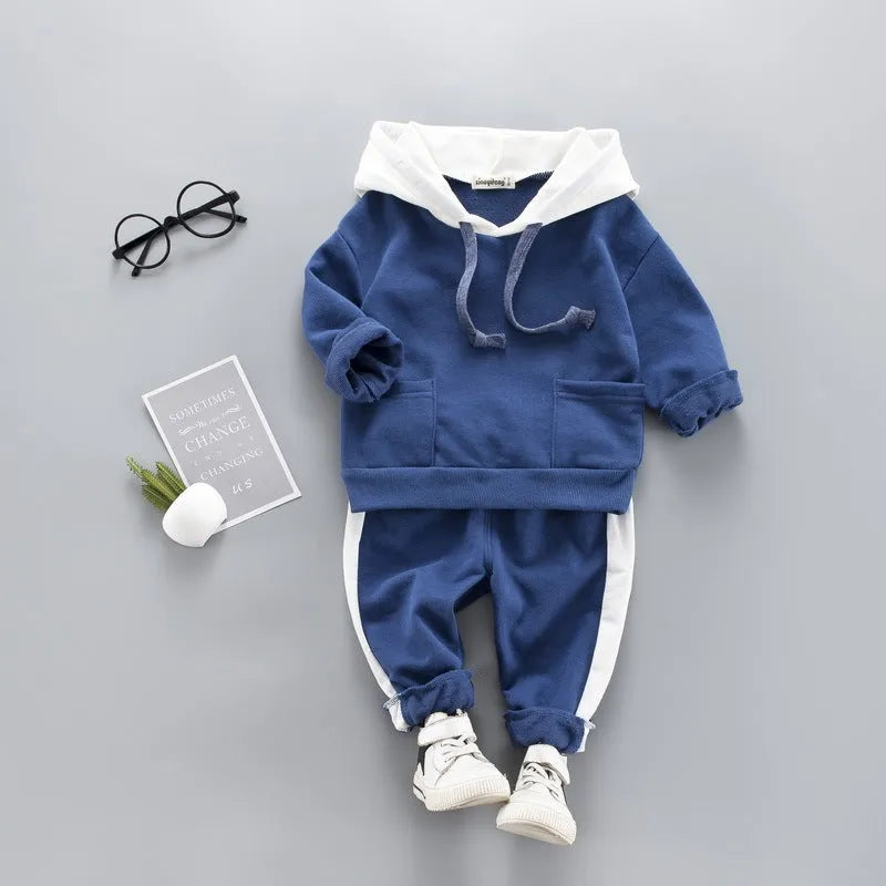 Two piece children's suit for boys in blue, long sleeve trousers style, European American design, available in sizes 80cm to 110cm