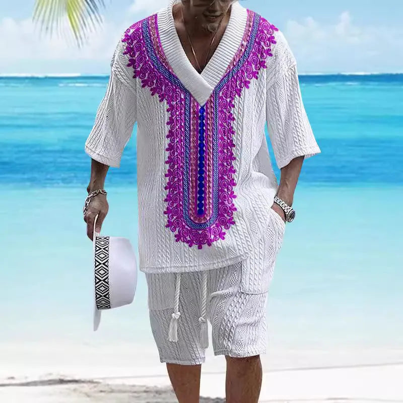 Men's printed drop-shoulder knitted short-sleeved top and matching shorts suit in a polyester blend fabric.
