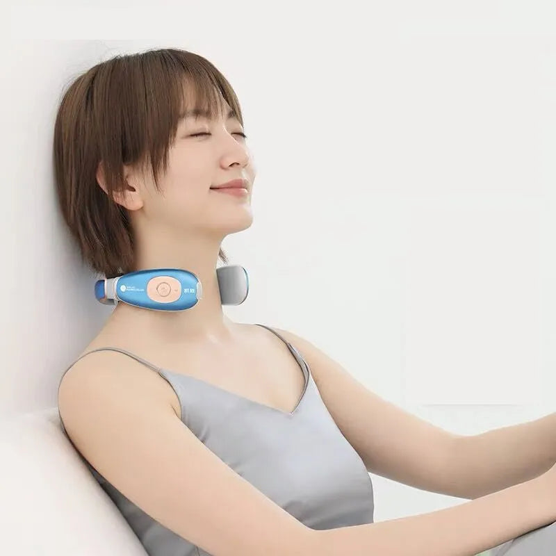 Rechargeable neck massager in white with handheld remote control and kneading function