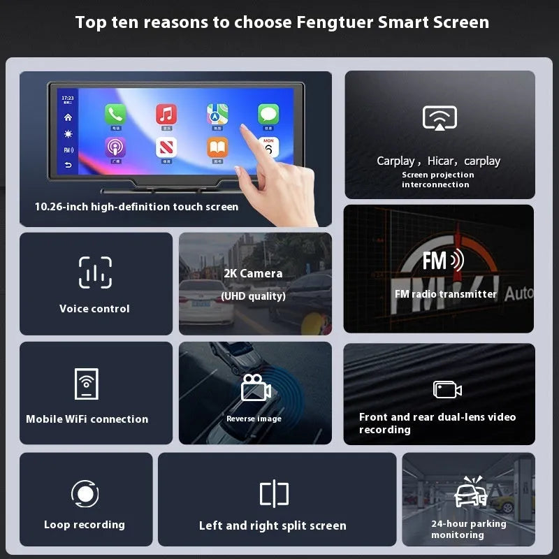 10-inch car smart screen with CarPlay and driving recorder functions on dashboard