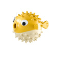 Yellow fish-shaped durable vinyl dog chew toy with textured surface for teeth cleaning.
