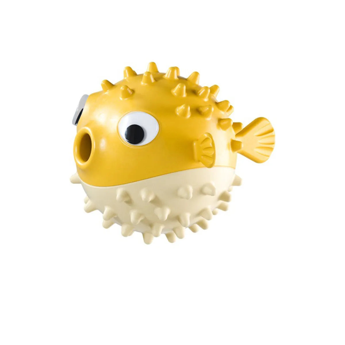 Yellow fish-shaped durable vinyl dog chew toy with textured surface for teeth cleaning.