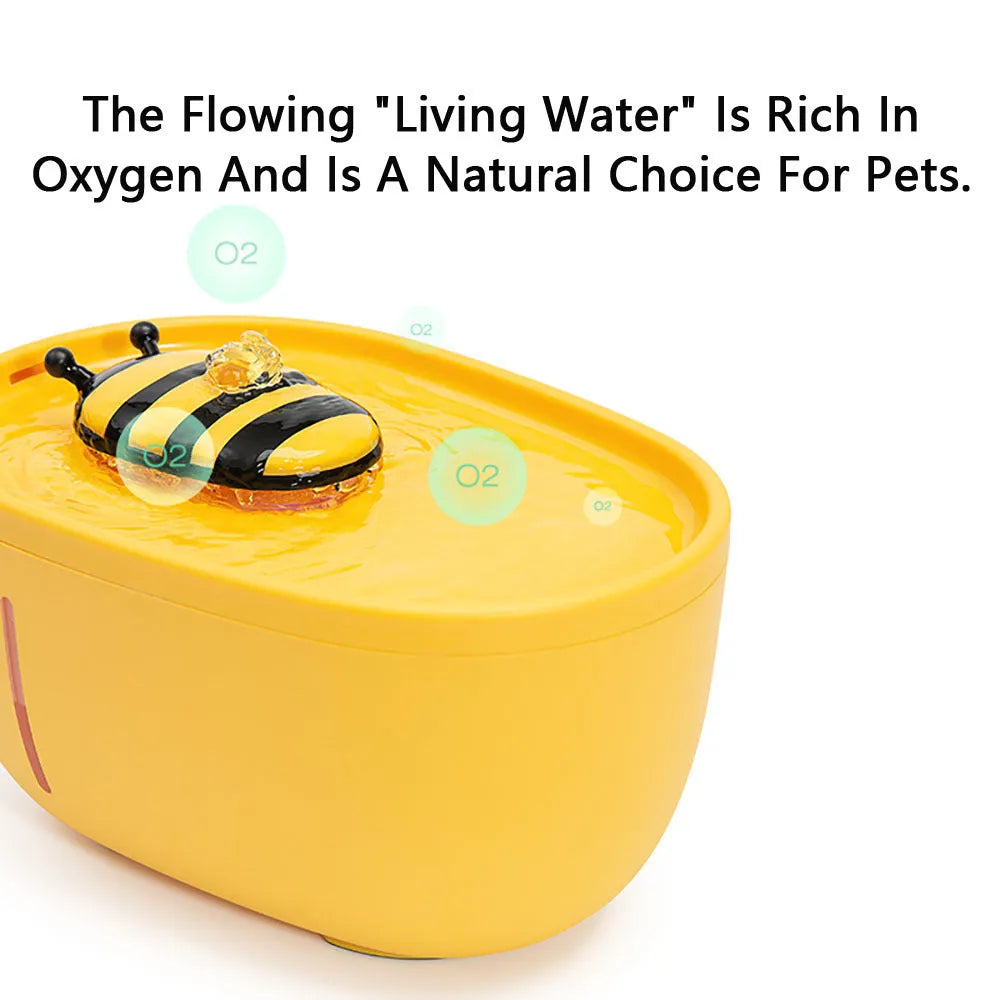 Yellow USB-powered cat water fountain with filter on anti-slip base.