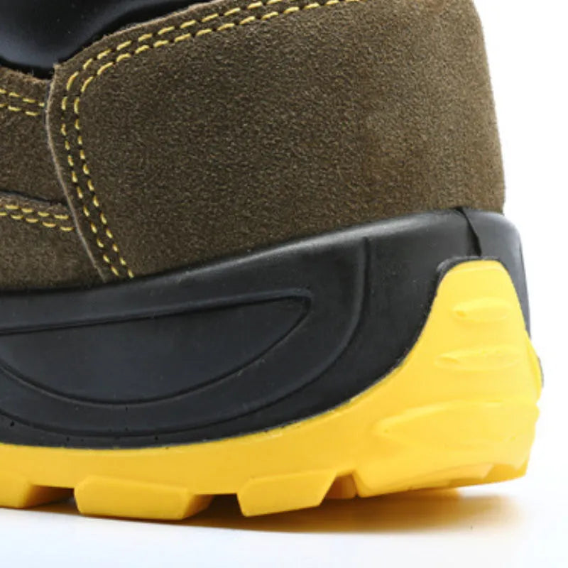 Bronze-coloured leather safety shoes with a steel toe cap and textured anti-slip sole.