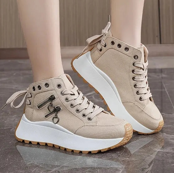 Women's high-top platform shoes in black artificial PU with round toe and lace-up design.